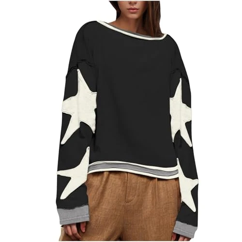 Womens Long Sleeve Quilted Sweatshirt Women's Oversized Star Sweatshirt Long Sleeve Shirt Drop Shoulder Vintage Graphic Crewneck Jacket Light Hoodies Women (Black, XXL)