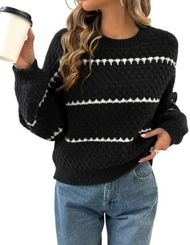 Women's Long Sleeve Retro Crew Neck Pullover Striped Pullover Sweatshirt in Contrast Colour, black, 