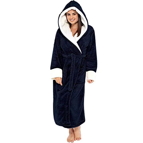 Women's Long Sleeve Shawl Bathrobe with Pocket Solid Color Hooded Knee Short Plush Adjustable Waist Belt Pajamas Robe Plus Size Cotton Sleep Dress Homewear Bathrobe Sleepwear Lounge Home Clothes