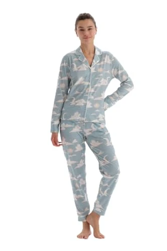 Women's Long Sleeve Shirt Collar Cloud Printed Pajamas Suit Pyjama Set, Light Blue, S