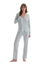 Women's Long Sleeve Shirt Collar Floral Patterned Knitted Pajamas Suit Pyjama Set, Turquoise, XXL