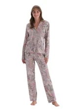 Women's Long Sleeve Shirt Collar Paisley Pattern Knitted Pajamas Suit Pyjama Set, Multicolor, XL