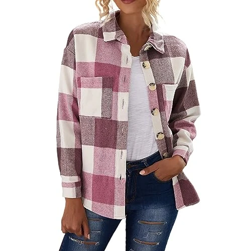 Women's Long Sleeve Shirt with Multicoloured Plaid Pattern, Fashionable Casual Jacket with Pockets and Tops with Button Closure, Thick Wool Jumper, Women's Cardigan, Summer, Women's