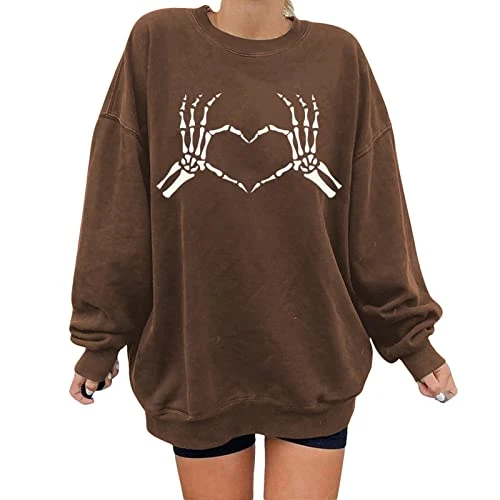 Women's Long Sleeve Shirts Print Pullover Long Sleeve Women's Sweatshirt in Plus Size with Crew Neck Long Sleeve Loose Pullover Sweatshirt Women's Basic Crew Neck Long Sleeve Shirt, brown, XL