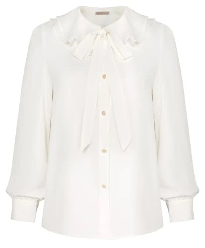 Women's Long Sleeve Shirts Vintage Ruffle Collar Button Down Blouse Top Office Work Shirt Ivory