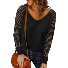 Womens Long Sleeve Shirts/Short Sleeve Shirts V Neck Tunic Tops Mesh Striped Casual Blouses, 1-black