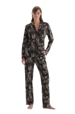 Women's Long Sleeve Size Printed Shirt Pants Pajamas Suit Pyjama Set, Dark Brown, XXL