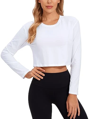 Women's Long Sleeve Sports Shirts Workout Cotton Loose Crop Tops Breathable Sweatshirt Cropped Gym Shirt White 10