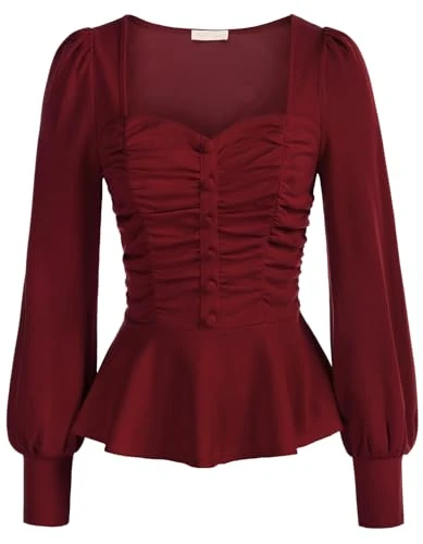 Women's Long Sleeve Square Neck Pleated Front Tops, darkred, XXL