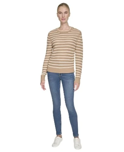 Women's Long Sleeve Striped Crewneck Sweater Pullover, Camel/White Swan, XS