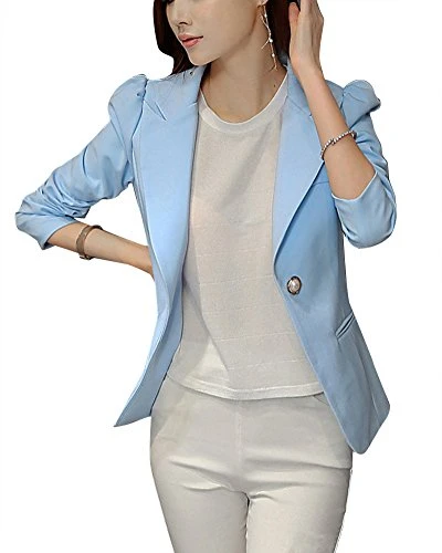 Womens Long Sleeve Suit Slim Fitted Short Blazer Casual Jacket Coat Plus Size Sky Blue L