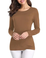 Women's Long Sleeve T Shirt Plain Top Cotton Blouse Coffee Small - Coffee-1