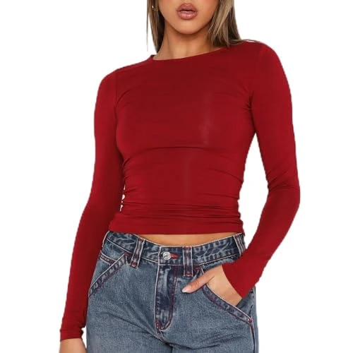 Women's Long Sleeve Top Elegant Ladies Going Out T-Shirt Y2K Fashion Aesthetic Clothes Outfit Streetwear Skims Dupe Spring Summer (D - Red, S)