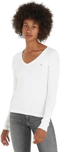 Women's Long Sleeve V-Neck Essential Slim Fit Top, White (White), XS