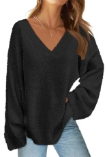 Women's Long Sleeve V Neck Fuzzy Fleece Sweater Oversized Casual Cozy Knit Pullover Tops, Black, M