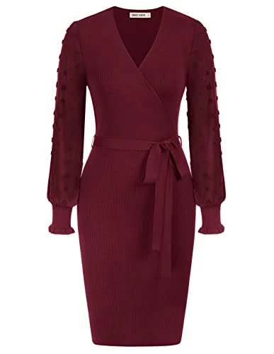 Women's Long Sleeve V-Neck Knitted Dress Contrast Fabric Jumper Dress Elegant Vintage Angled Dress, deep red, XXL