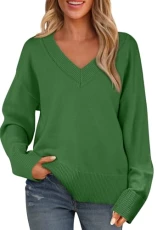 Women's Long Sleeve V Neck Oversized Sweaters 2024 Fall Trendy Knit Pullover Jumper Tops, Green, M