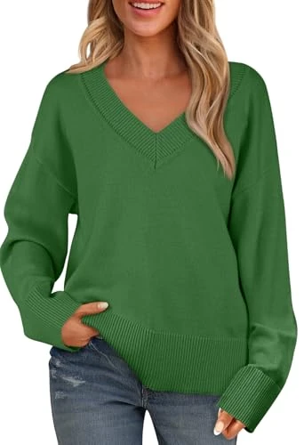 Women's Long Sleeve V Neck Oversized Sweaters 2024 Fall Trendy Knit Pullover Jumper Tops, Green, M