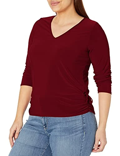 Women's Long Sleeve V Neck Top with Ruched Side Detail Blouse, Burgandy, M