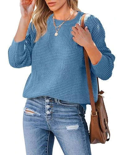 Women's Long Sleeve Waffle Knit Sweater Crew Neck Solid Color Pullover Jumper Tops, Blue, XX-Large