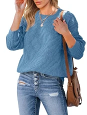 Women's Long Sleeve Waffle Knit Sweater Crew Neck Solid Color Pullover Jumper Tops, Blue, XX-Large
