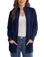 Women's Long Sleeve Zip Up Knit Cardigan with Pockets Stand Collar Full Zip Sweater Coat Lightweight, Navy Blue, L