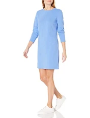Women's Long-Sleeved Above-The-Knee Crew Neck Fleece Dress, Blue Heather, XS Women's Long-Sleeved Above-The-Knee Crew Neck Fleece Dress, Blue Heather, XS