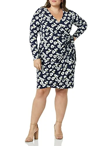 Women's Long-Sleeved Classic Wrap Dress (Available in Plus Sizes), Navy Flowers, L