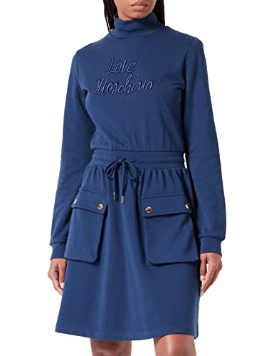 Women's Long-Sleeved Dress in 100% Cotton Fleece, Blue, 22