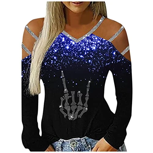 Women's Long-Sleeved Shirt, Crew Neck, Lightweight, Long-Sleeved, Fashionable, Casual, Rhinestone, L