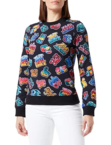 Women's Long Sleeves Crew-Neck Brand Printed Fleece Sweatshirt, Graffiti Nero, 40