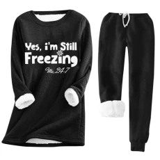 Women's Long Sleeves Crew Neck Top Leisure Suit 2-Piece Warm Fleece House Print Elastic Waist Pyjamas Soft Winter Velvet Trousers Women's Comfort Two Piece Set, black, L