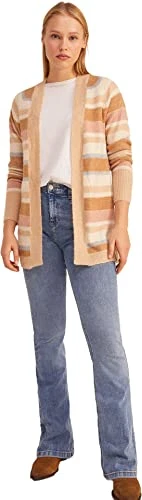 Women's Long Stripe Cardigan Polo Sweater, Light Brown, L