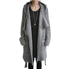 Womens Long Sweaters Jumpers Long Sleeve Hooded Knitted Cardigan Coat with Pockets & Belt (Gray, One Size)