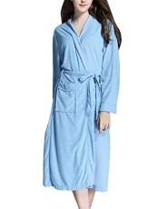 Womens Long Towelling Bath Robe Absorbent Soft Bathrobe Dressing Gown Sleepwear Nightwear Blue L