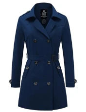 Women's Long Trench Coat Casual Warm Jacket Lightweight Outdoor Coat Windproof Outerwear Jacket Navy M