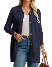 Women's Longline Cardigan Sweater Button Down Knit Jacket Lapel Collar Elegant Work Wear CL17 06/Navy Blue M - Cl172-06/Navy Blue