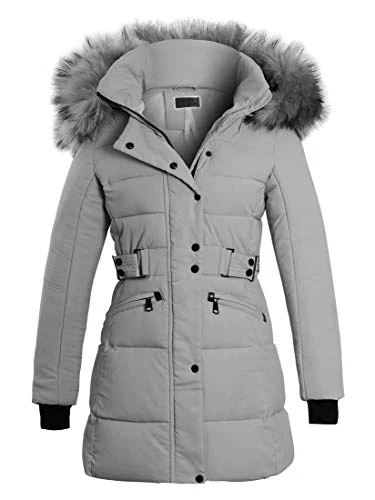 Womens Longline Puffer Parka Faux Fur Coat Grey