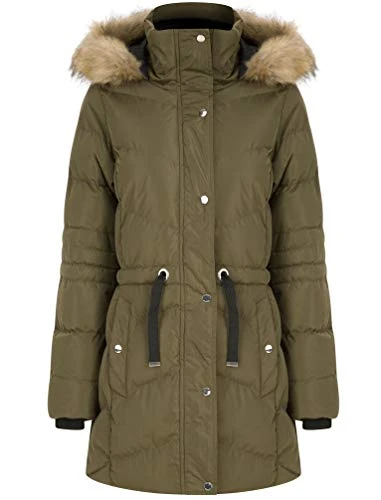 Women's Longline Quilted Puffer Coat with Faux Fur Hood - Khaki - 8