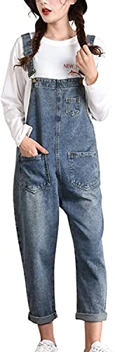 Women's Loose Baggy Denim Bib Overalls Jean Jumpsuits (UK 12, Blue)