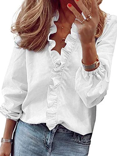 Women's Loose Flounce Shirt Blouse Shirt Blouse Casual Printed Tops Pullover Tunic Ruffle L White