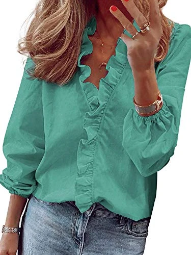 Women's Loose Flounce Shirt Blouse Shirt Blouse Casual Printed Tops Pullover Tunic Ruffle M Green