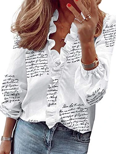 Women's Loose Flounce Shirt Blouse Shirt Blouse Casual Printed Tops Pullover Tunic Ruffle M Letters