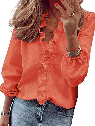 Women's Loose Flounce Shirt Blouse Shirt Blouse Casual Printed Tops Pullover Tunic Ruffle S Orange