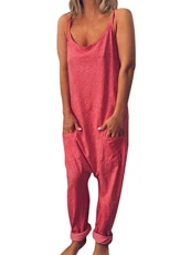 Women's Loose Retro Solid Color Overall Strap Sleeveless Long Playsuit Casual Jumpsuit Dungarees B Pink 8 Women's Loose Retro Solid Color Overall Strap Sleeveless Long Playsuit Casual Jumpsuit Dungarees B Pink 8