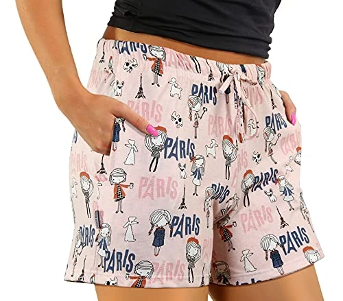 Women's Lounge Trousers, Pyjama Bottoms, Short Shorts, Cotton Sleepwear, Woven Shorts, Pink - Paris, L