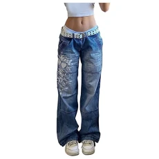 Women's Low Waist Trousers Casual Long Trousers 90s Print Vintage Straight Leg Flare Trousers Loose Streetwear Jeans Pants Short Ladies Large Sizes Palazzo Trousers Women's Palazzo Trousers Sports,