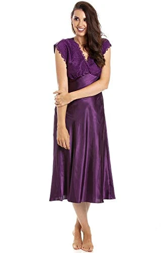 Womens Luxury Satin Long Chemise - Ladies Sleeveless Lightweight Lace Nightdress - Comfotable & Breathable Summer Nightwear Purple 14-16