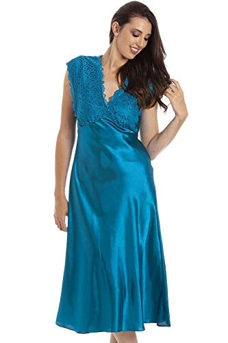 Womens Luxury Satin Long Chemise - Ladies Sleeveless Lightweight Lace Nightdress - Comfotable & Breathable Summer Nightwear Teal 14-16