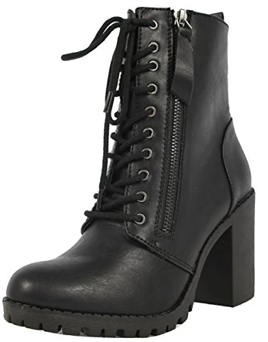 Women's Malia Faux Lace Up Chunky Lug Sole Combat Boot, Black (Pu), 5 UK